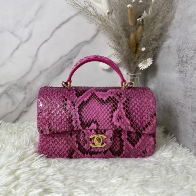 Best Chanel Snake skin mini flap bag with top handle AS2431 Fuchsia JK2428Ml87