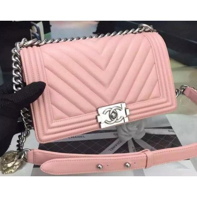 Boy Chanel Flap Bag Original Chevron Pink Nubuck Leather A5708 Silver JK330mV18