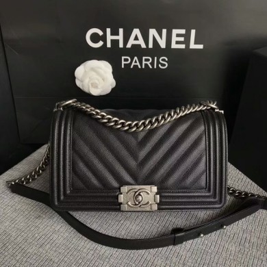 Boy Chanel Original Chevron Leather 67086 Black JK5485uU16