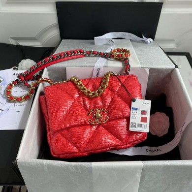 Chanel 19 Flap Bag Original Beads Leather AS1160 Red JK3691Gw67