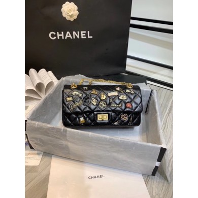 Chanel 2.55 handbag Aged Calfskin, Charms & Gold-Tone Metal A37586 black JK4862Sy67