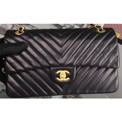 Chanel 2.55 Series Flap Bag Black Lambskin Chevron Leather A5023 Gold JK591TV86