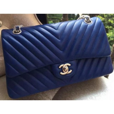 Chanel 2.55 Series Flap Bag Blue Lambskin Chevron Leather A01112 Silver JK664sY95