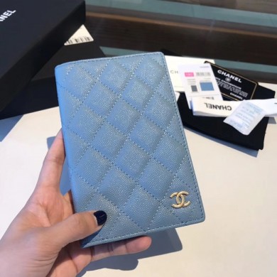 Chanel Calfskin Leather & Gold-Tone Metal Wallet A80385 Light Blue JK1231yx89