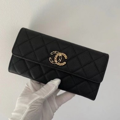 Chanel Calfskin Leather & Gold-Tone Metal Wallet AP1895 black JK1155CD62