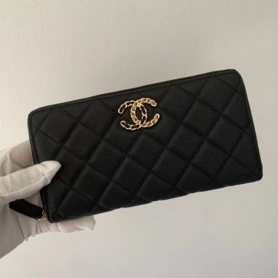 Chanel Calfskin Leather & Gold-Tone Metal Wallet AP1899 black JK1154pA42