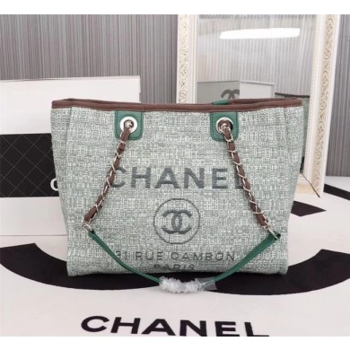 Chanel Canvas Shopping Bag Calfskin & Silver-Tone Metal A23556 green JK5053rd58