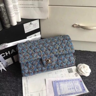 Chanel Classic Handbag Embroidered Tweed & Silver-Tone Metal A01112 blue JK5089Is53