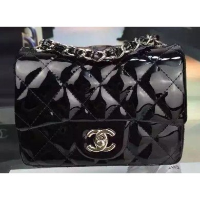 Chanel Classic mini Flap Bag Black Original Patent Leather CF7171 Silver JK277uT54