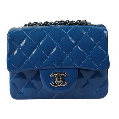 Chanel Classic MINI Flap Bag Blue Original Patent Leather CF1115 Silver JK952EW67