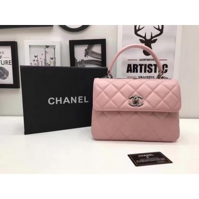 Chanel Classic Top Handle Bag Pink Sheepskin Leather A92991 Silver JK18aM39