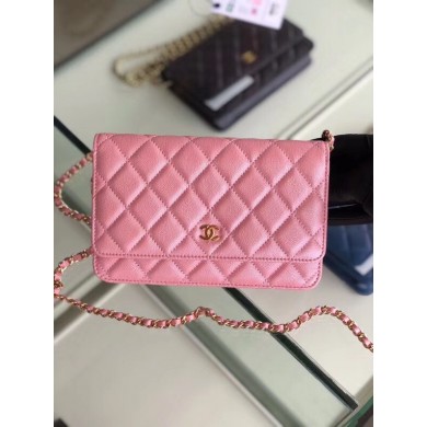 Chanel classic wallet on chain Grained Calfskin & gold-Tone Metal 33814 Pearlescent Pink JK4590AM45