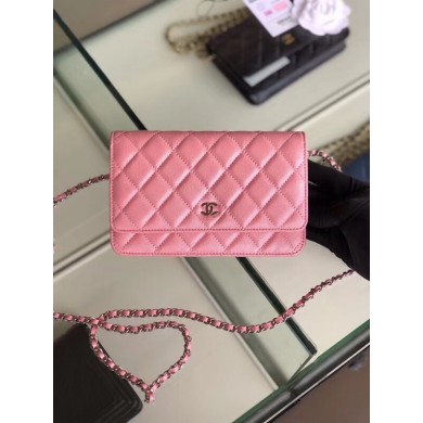 Chanel classic wallet on chain Grained Calfskin & Silver-Tone Metal 33814 Pearlescent Pink JK4594Il41