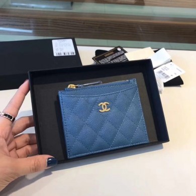 Chanel Coin Purse Metallic Grained Lambskin & gold-Tone Metal A68996 blue JK1364Mc61