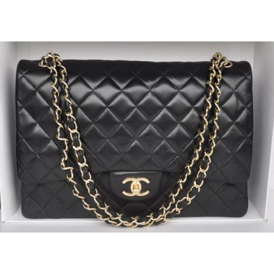 Chanel Maxi Classic Bag A36098 Black Sheepskin Gold JK185Yo25