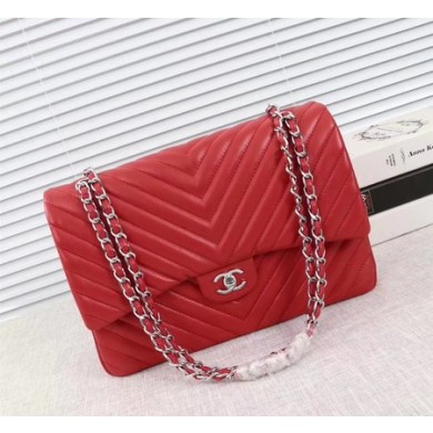 Chanel Maxi Classic Flap Bag Red Chevron Sheepskin Leather A58601 Silver JK5468Cw85