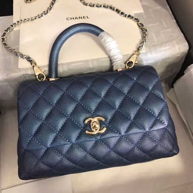 Chanel original Caviar leather flap bag top handle A92290 blue &gold-Tone Metal JK4723Gp37