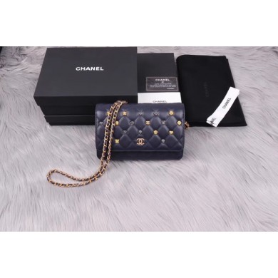 Chanel wallet on chain Lambskin & Gold-Tone Metal A81618 dark blue JK1366aj95