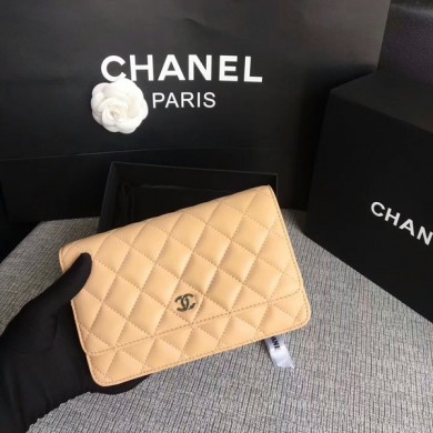 Chanel WOC Flap Bag Camel Original Sheepskin Leather 33814 Silver JK5850uU16