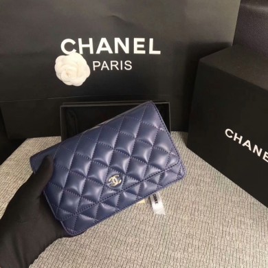 Chanel WOC Flap Bag Dark Blue Original Sheepskin Leather 33814 Silver JK5842Ag46