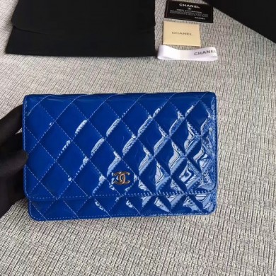 Chanel WOC Flap Bag Patent Leather A33814C Blue JK5696Fh96