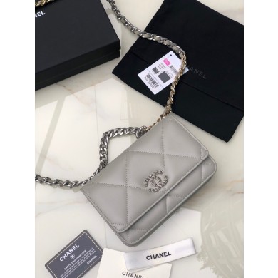 Copy Best Chanel 19 Classic Sheepskin Leather Chain Wallet AP0957 light gray& silver-Tone Metal JK2746Qc72