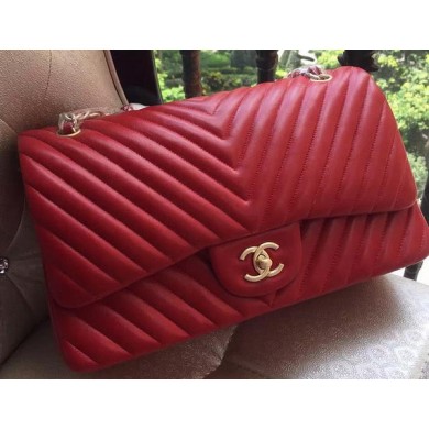 Fake Chanel Classic Flap Bag Red Sheepskin Chevron Quilting A1113 Gold JK213lF58