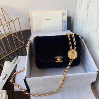 Fake Cheap Chanel flap bag velvet & Gold-Tone Metal AS2222 black JK3747Kt89