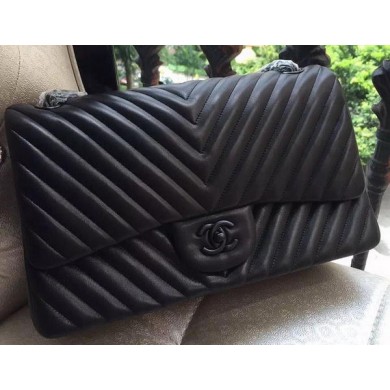 First-class Quality Chanel Classic Flap Bag Black Sheepskin Chevron Quilting A1113 Silver JK210fm32