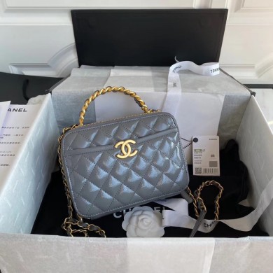 High Quality Chanel vanity case Lambskin, Shiny Crumpled Calfskin & Gold-Tone Metal AS2179 Gray JK3694BH97