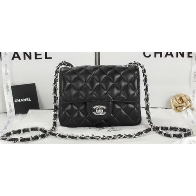 Hot Chanel Classic MINI Flap Bag Black Sheepskin Leather A1115 Silver JK771cT87