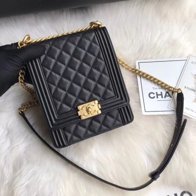 Imitation AAA Boy chanel handbag Grained Calfskin & Gold-Tone Metal AS0130 black JK4875kf15