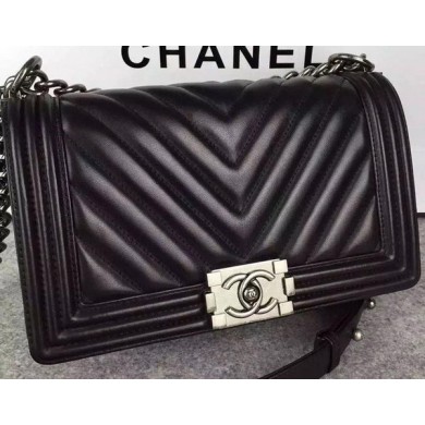 Imitation Boy Chanel Flap Bag Original Chevron Nubuck Leather A5708 Black JK335lH78