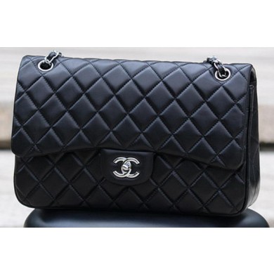 Imitation Chanel Jumbo Classic Black Sheepskin Flap Bag A58600 Silver JK553Oz49