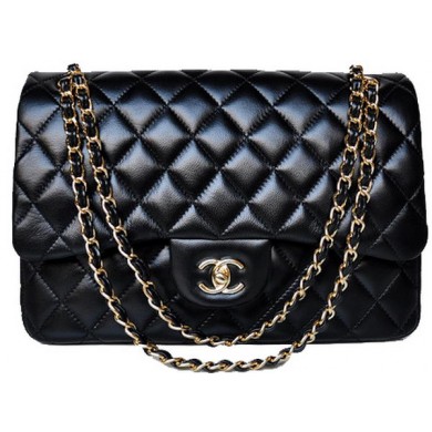 Imitation Chanel Jumbo Quilted Classic Black Sheepskin Flap Bag A58600 Gold JK696Za30