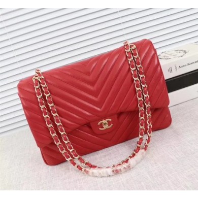 Imitation Chanel Maxi Classic Flap Bag Red Chevron Sheepskin Leather A58601 Gold JK5469Oz49