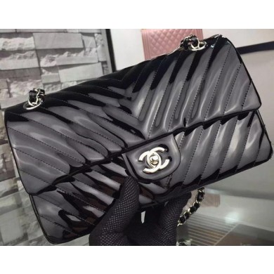 Knockoff Chanel 2.55 Series Flap Bag Black Patent Chevron Leather A5023 Silver JK585eF76