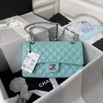 Knockoff chanel flap bag Grained Calfskin & silver Metal A01112 light blue JK3110cS18