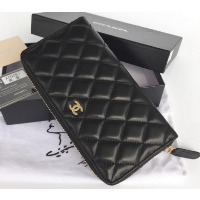 Knockoff Chanel Matelasse Zip Around Wallet Black Sheepskin A50097 Gold JK1497NL80