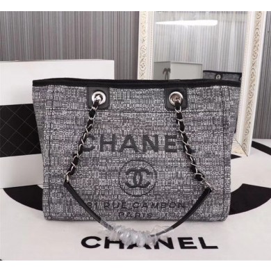 Knockoff High Quality Chanel Canvas Shopping Bag Calfskin & Silver-Tone Metal A23556 grey JK5054Lg12