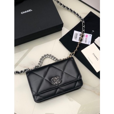 Replica Chanel 19 Classic Sheepskin Leather Chain Wallet AP0957 black& silver-Tone Metal JK2748Sf59