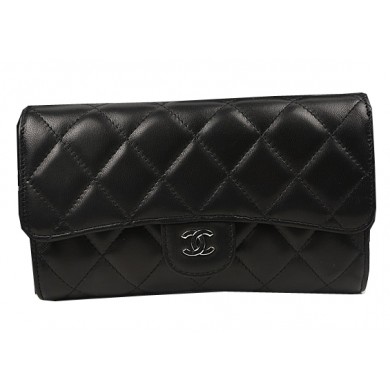 Replica Chanel Tri-Fold Wallet Black Original Sheppskin A31506 Silver JK1493BB13