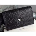 Imitation Chanel WOC Flap Bag Original Black Camellia Leather A5373 Silver JK416EY79