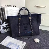 AAA 1:1 Chanel Canvas Leather Tote Shopping Bag Dark Blue A1679 JK5994yF79