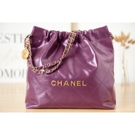 CHANEL 22 HANDBAG Calfskin & gold-Tone Metal AS3261 dark Purple JK2304UF26