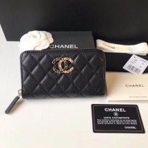 CHANEL 19 Grained Calfskin & Gold-Tone Metal Wallet AP1837 black JK1168TL77