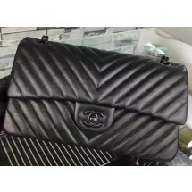 Chanel 2.55 Series Flap Bag Black Lambskin Chevron Leather A5023 Black JK590tg76