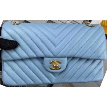 Chanel 2.55 Series Flap Bag SkyBlue Lambskin Chevron Leather A5023 Gold JK586nB26