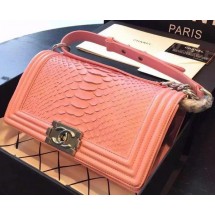 Chanel Boy Flap Shoulder Bag Pink Python Leather A66095 Silver JK612DO87