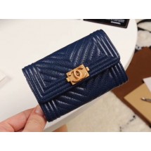 Chanel Calfskin Leather Card packet & Gold-Tone Metal A80603 dark blue JK1282Cw85